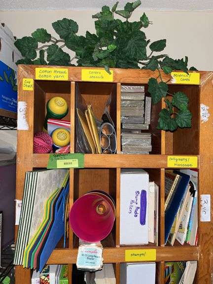 13D x 26L x 72H pine cubbies for teacher mail boxes, full of educational materials