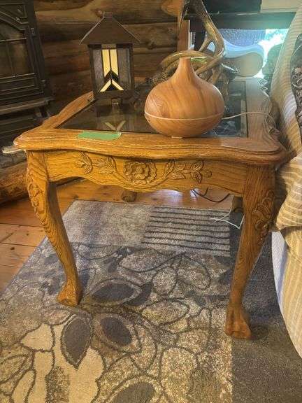 Three end table - step style, wood with glass top and rustic, PLUS coffee table