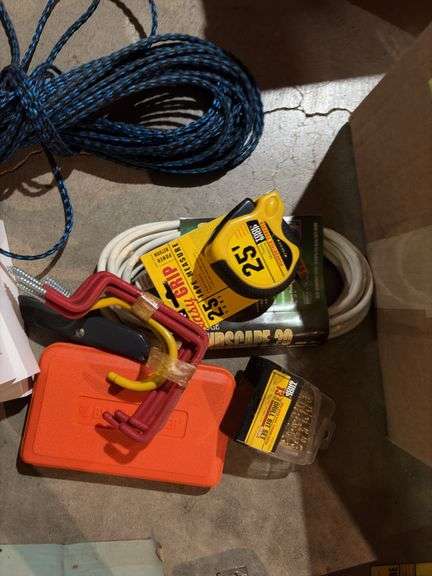 Rope, drop cords, bits, multipurpose plastic boxes, tape measure, bug spray, hooks, etc