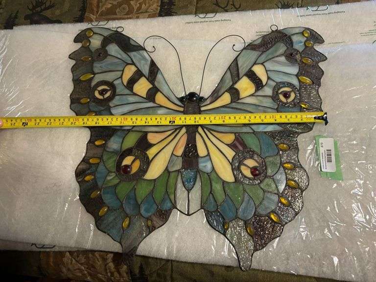 Beautiful intricate butterfly stained glass window hanger 20" wide