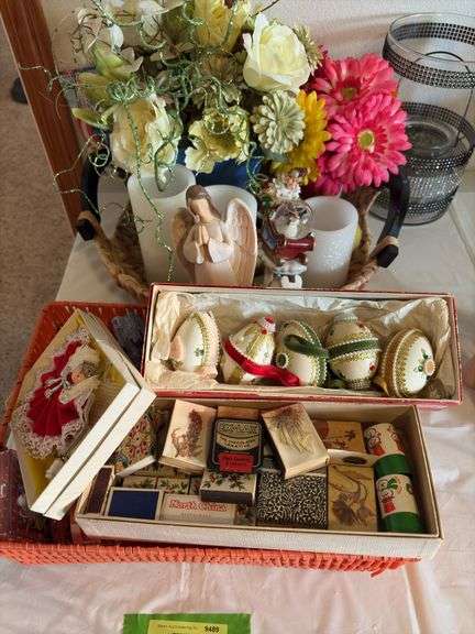Home decor, angel, eggs, old stick matchbooks, LED candles etc...