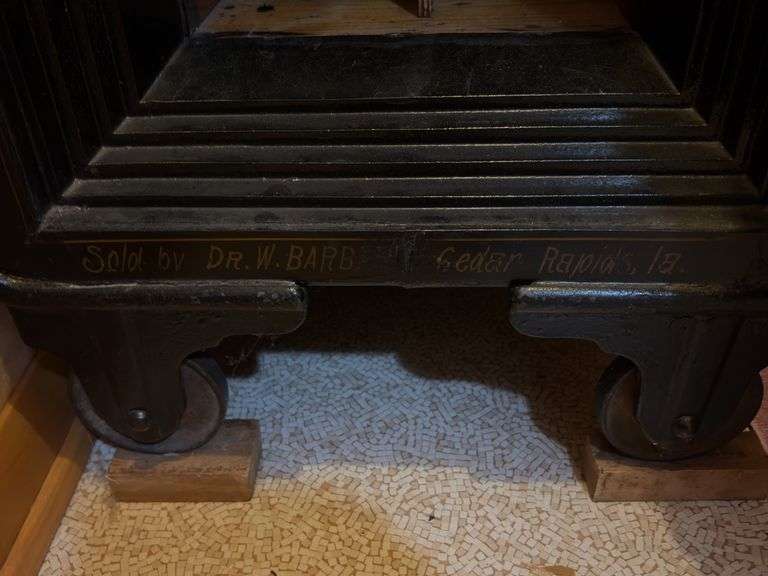 Antique Victor Safe & Lock Co Cincinnati, O. 18 x 18 x 29 on wheels, marked Sold by Dr W Barb?? Cedar Rapids, Ia. BRING STRONG HELP!