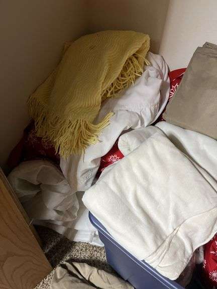 Feather pillows, blankets, linens, large tote and MORE