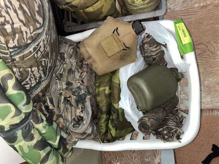 Canteens, pillows, fabric, sleeping bag, etc