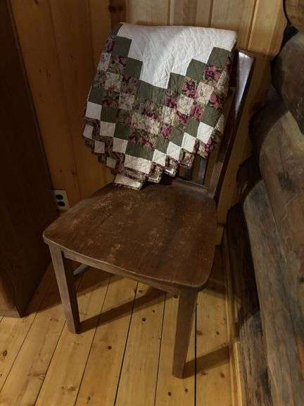 Nightstand, table lamp, painted gold pan, and side chair