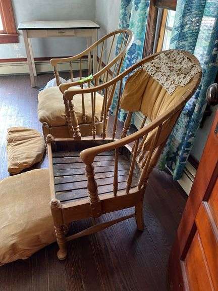 Two heavy wrap around chairs with wood slat seats and spindle back, see photos for condition