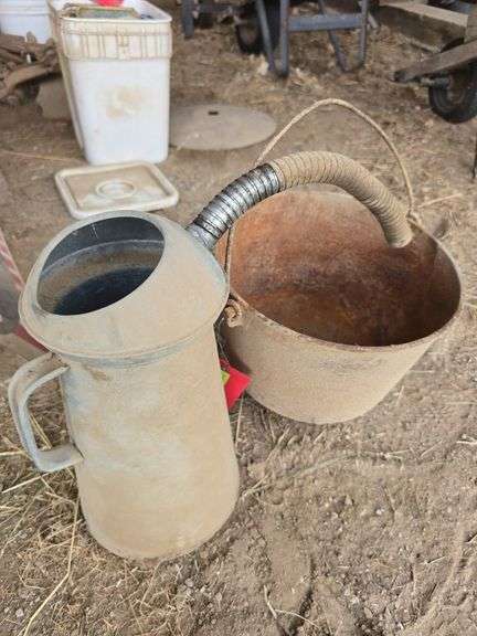 Cast iron kettle and oil can