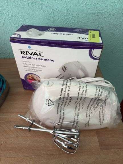 Hamilton Beach two slice toaster (like new), Rival hand mixer appears to be NIB and an old GE iron