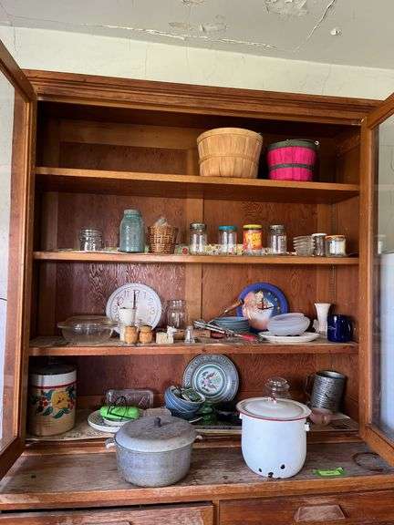 Flour sifter, misc dishes, green depression candle sticks, stoneware cookie jar and more