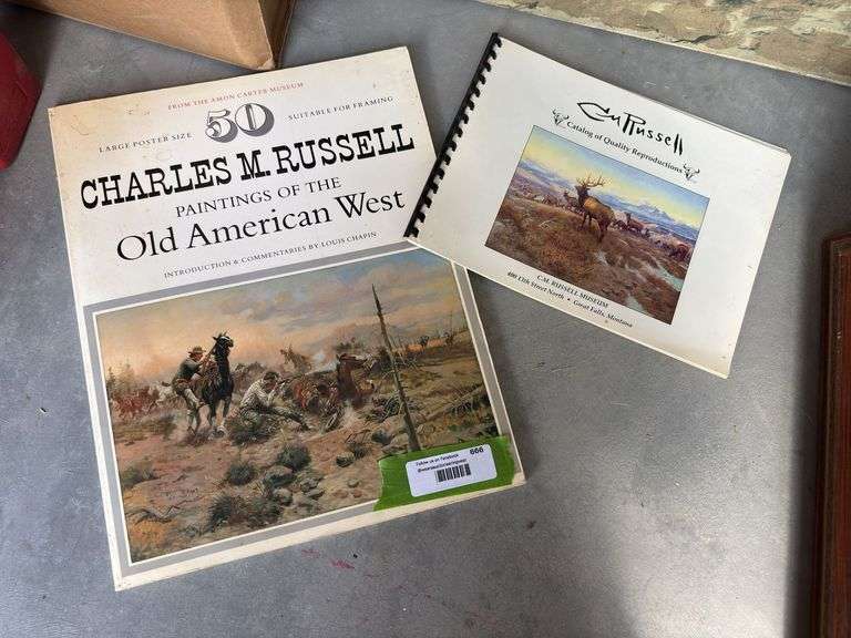 Charles Russell canvas and two Charlie Russell art books 20 x 16
