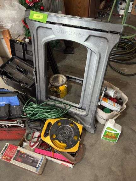 Socket set, pr folding sawhorses, drop cord, tool bag and more