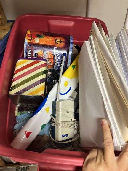 Tote of wood craft items, embroidery kits and string and a box of paper, tins and misc