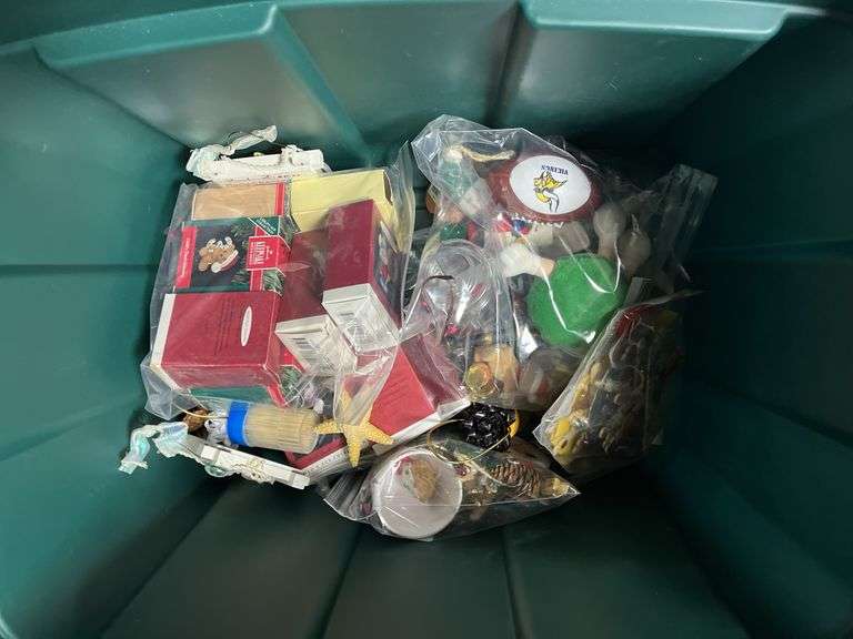 3 totes of Hallmark ornaments, glassware, pictures and frames etc...