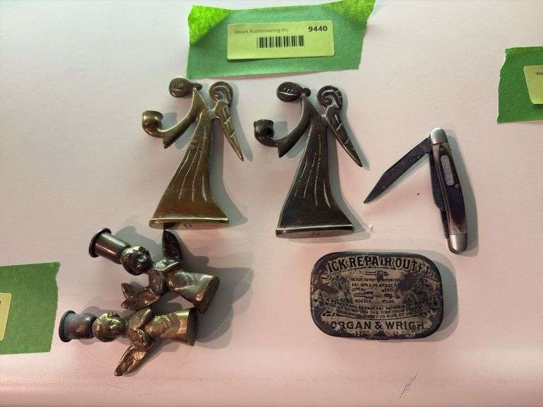 Old Timer pocket knife, tire repair kit tin and brass angel candle holders