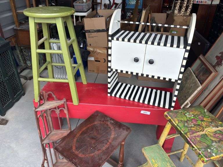 Very heavy duty red bench, green stool, sofa table, wall hanging shelf