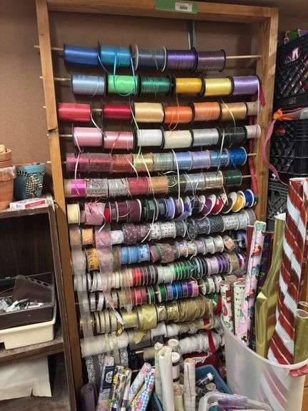Huge quantity of ribbons and dispenser rack plus lots of gift wrapping items
