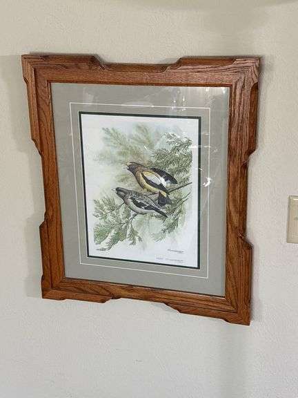 Schanz Furn Amana oak picture frame 21.5 x 25 w/ Landenberger Evening Grossbeak print S/N 341/500