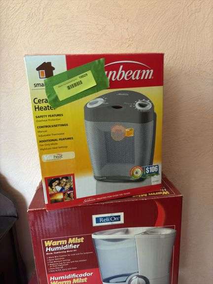 Sunbeam large room heater, Sunbeam small room heater and ReliOn warm mist humidifier