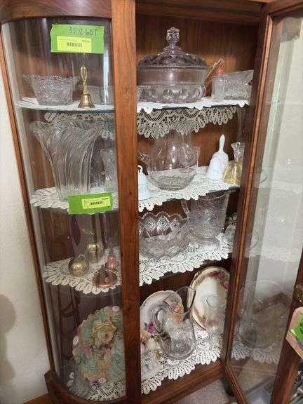 All in china cabinet includes glass bells, vases,  pitcher, hand painted bowls and more