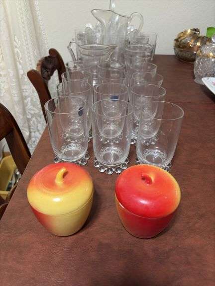 2 apple jars, glasses, early pattern glass cream & sugar, fan basket, pitcher and glasses set