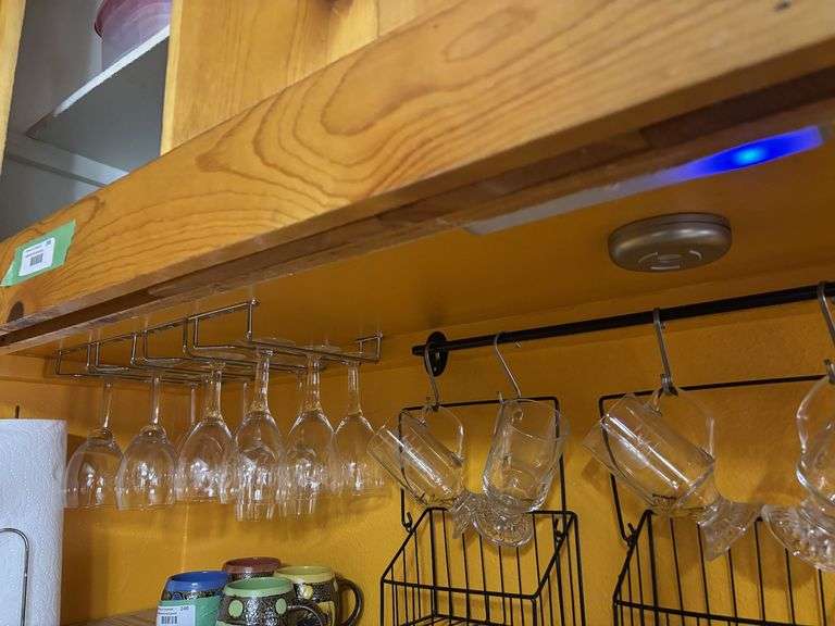 Three section storage bin, hanging coffee cup storage and drinking glasses