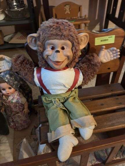 Doll crib, doll bench and three dolls including Chimpee Dear by Doll & Toy Industry Inc