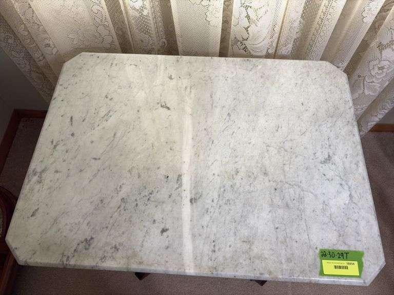 Antique Eastlake style marble top walnut parlor table with original porcelain casters 22 x 30 Per Seller inventory, top was cut from the countertop of old Norway bank