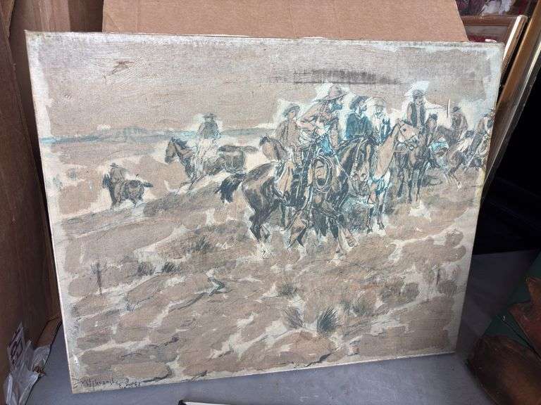 Charles Russell canvas and two Charlie Russell art books 20 x 16