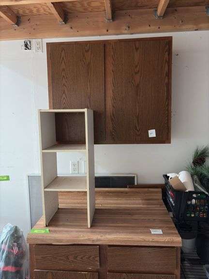 36" base cabinet and 36" double door wall cabinet and small white shelf unit  Bring a screw gun
