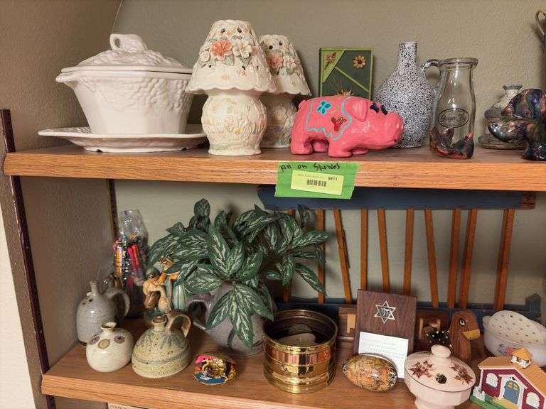 3 shelves of dustables-figurines, wood cars, cats, old marble game and LOTS more