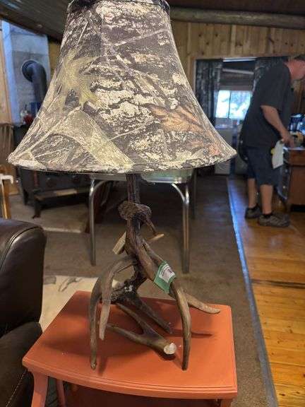 Antler lamp, painted hide and decorative bowl
