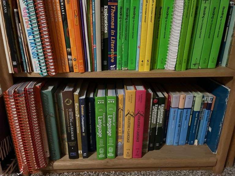 2 white metal shelf units, oak bookcase and LOTS AND LOTS of education materials BRING YOUR BOXES