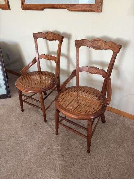 Walnut cane seat dining chairs, have been refinished by Schanz Furniture. Your bid x 2