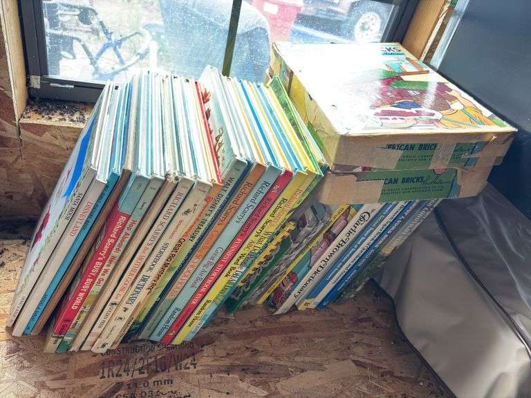 Vintage children’s books and American bricks by Halsam toys
