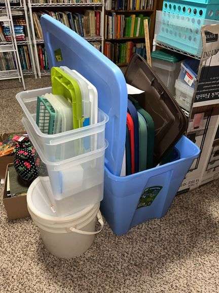Storage containers of all types, shelving, crates, tables