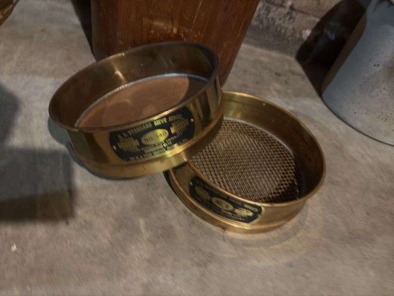 Wooden bucket by Baskerville 12x12 and two US copper standard sieves, No.4 and No.140