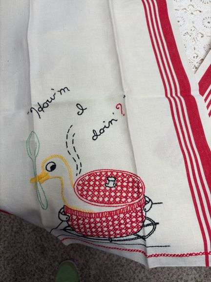 Crocheted table cloth and handiwork towels