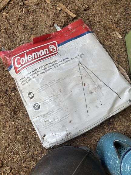 Fold up picnic table, coleman campfire tripod, cast iron dutch oven and enamel coffee pot