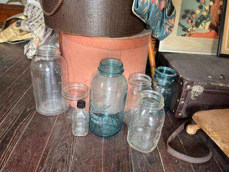 Hat boxes, old suitcase, wooden crutches, canning jars, cane, Booth Special foot warmer???
