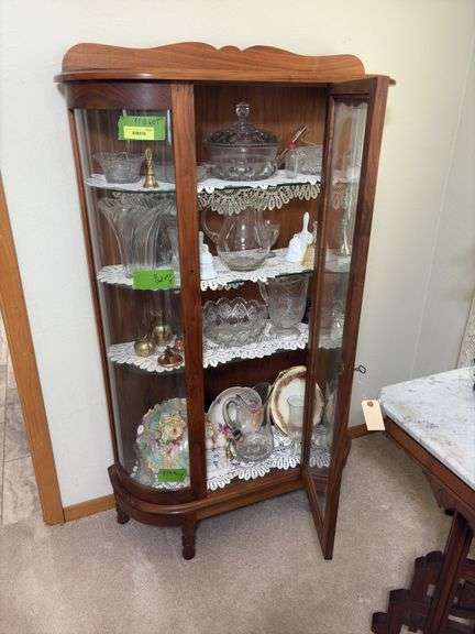Schanz Furniture Amana walnut double curved glass china hutch w/ key 12D x 35L x 60H NO CONTENTS, needs to be a LATE PICKUP TIME!!!