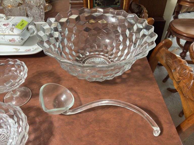 American Fostoria punch bowl, glass ladle, compote, bowl and nappy bowl