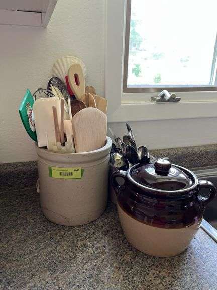 1 gallon crock, kitchen utensils, salad spinner, bean pot and flatware
