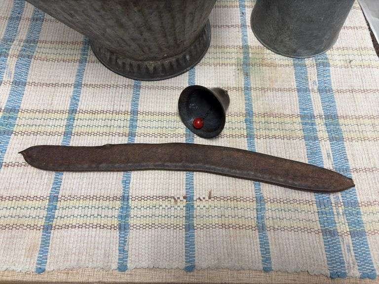 Coal bucket, bulk oil can and brass bell