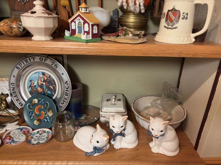 3 shelves of dustables-figurines, wood cars, cats, old marble game and LOTS more