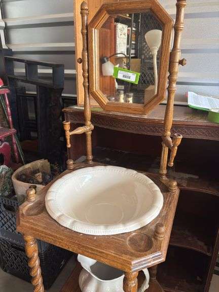 Vintage Oak washstand with pitcher and bowl