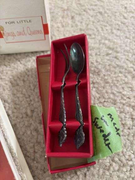 Roger's juvenile silverware set and cup, Swedish pickle fork set