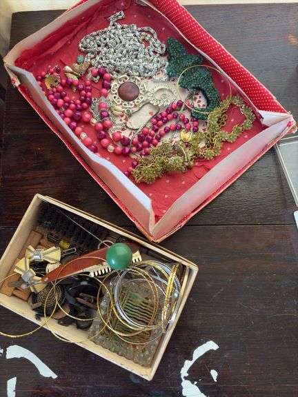 Various costume jewelry, dresser mirror, fingernail sets, watches, etc