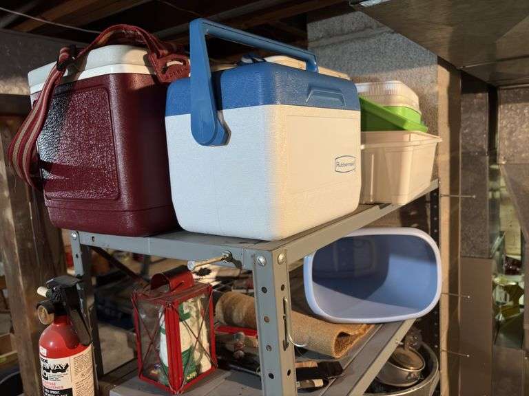 Metal shelf and contents includes vinyl tape, coolers of all sizes, security light, file box, etc