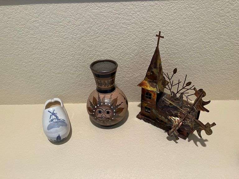 Musical church, Indian vase and glass wooden shoe ash tray. image