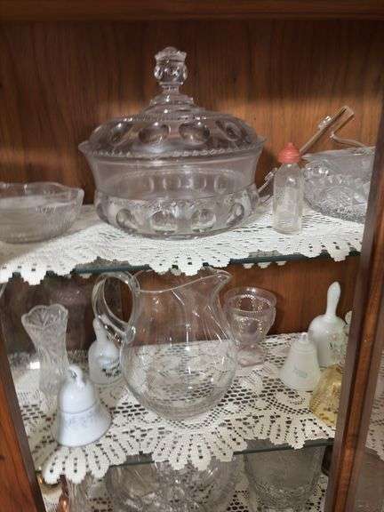 All in china cabinet includes glass bells, vases,  pitcher, hand painted bowls and more